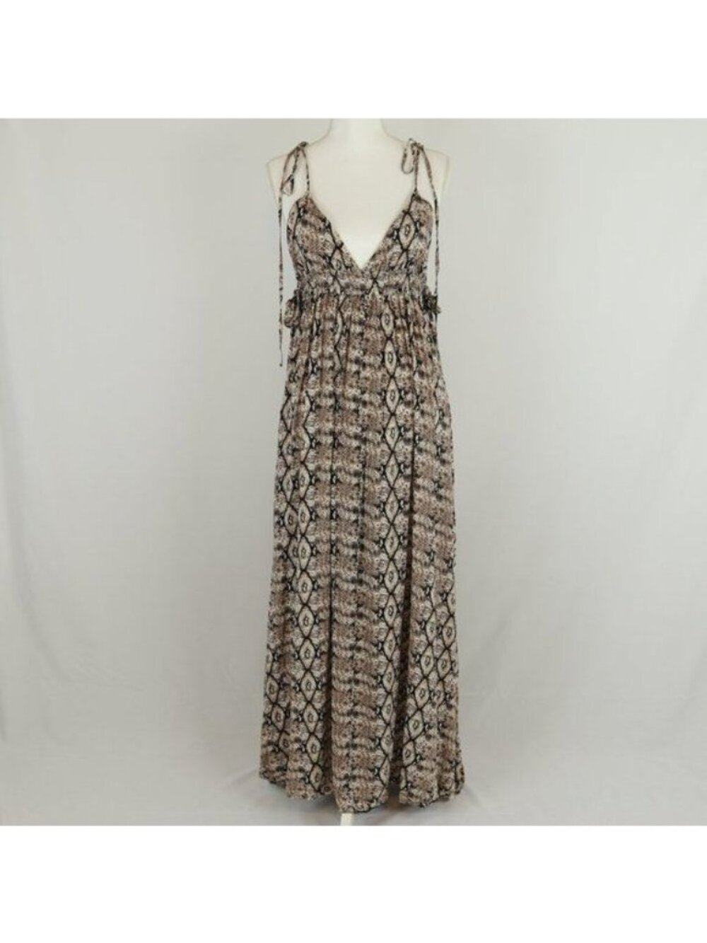 Skylar Madison Women's Small Black Brown Snake Print V-Neck Low Back Maxi Dress